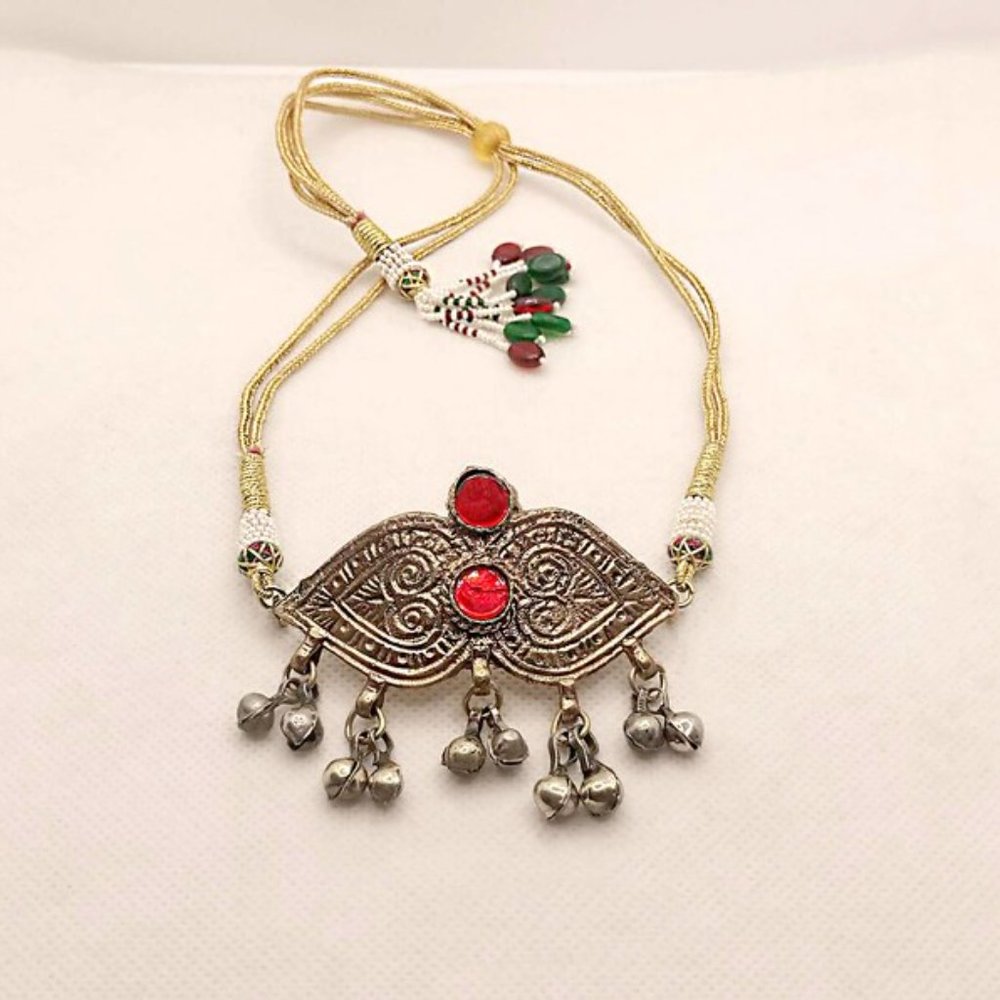 Afghan Kuchi Choker Necklace: Vintage Tribal Bells, Red Glass Stones - Picture 8 of 8
